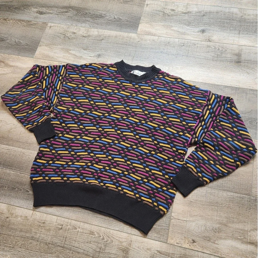 Ron Chereskin Sweater Mens XL Black Multi Cotton Vintage 90s Textured Knit
